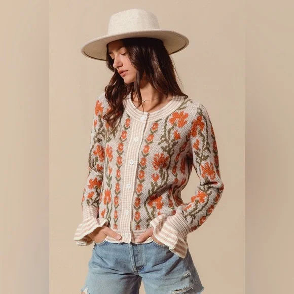 Beige and Burnt Orange Boho Floral Intarsia Knit button up Cardigan Sweater - Picture 2 of 6